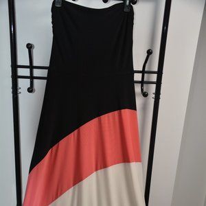 Laura Brand, Size 14, Maxi strapless dress; block colors - black, coral, white
